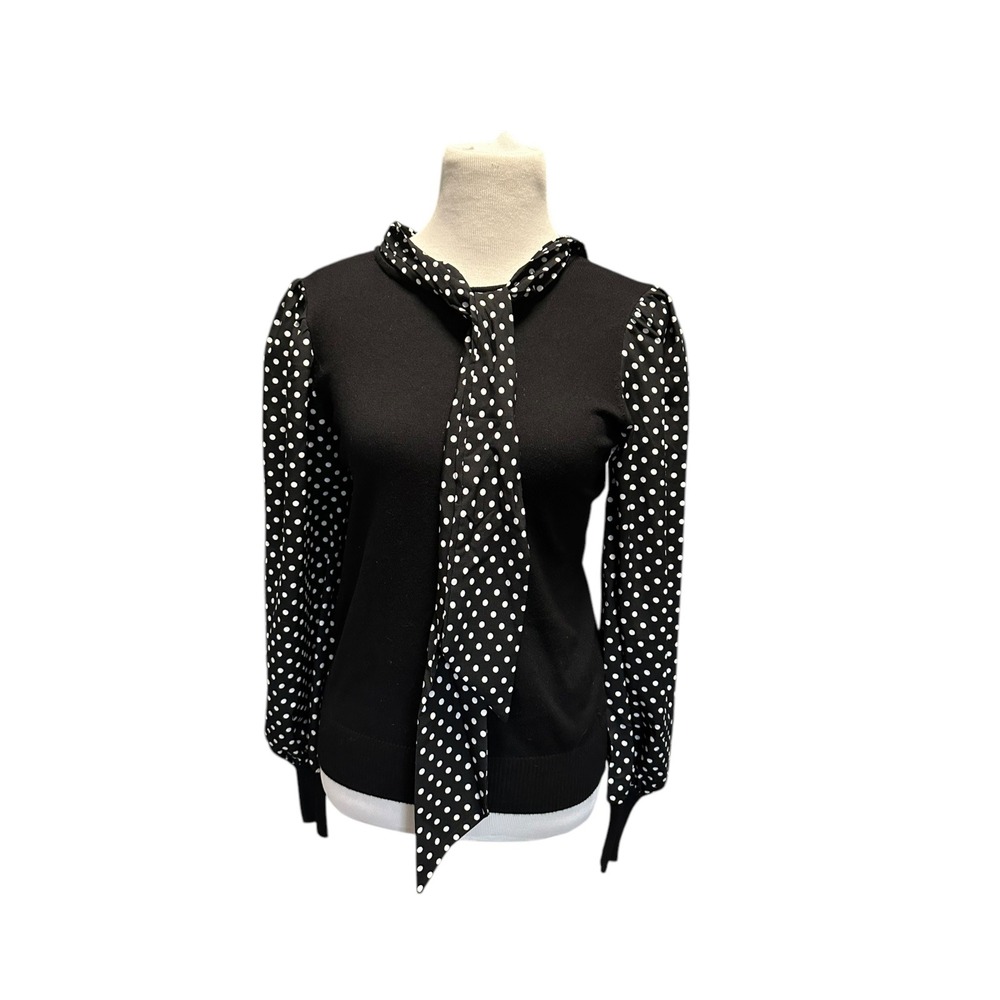 Cato Polka Dot Tie Neck Blouse Long Sleeve Career Top Black Size S